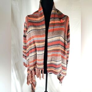 Multicolored Orange Button Up Cardigan Sweater with Fringes One Size fits all